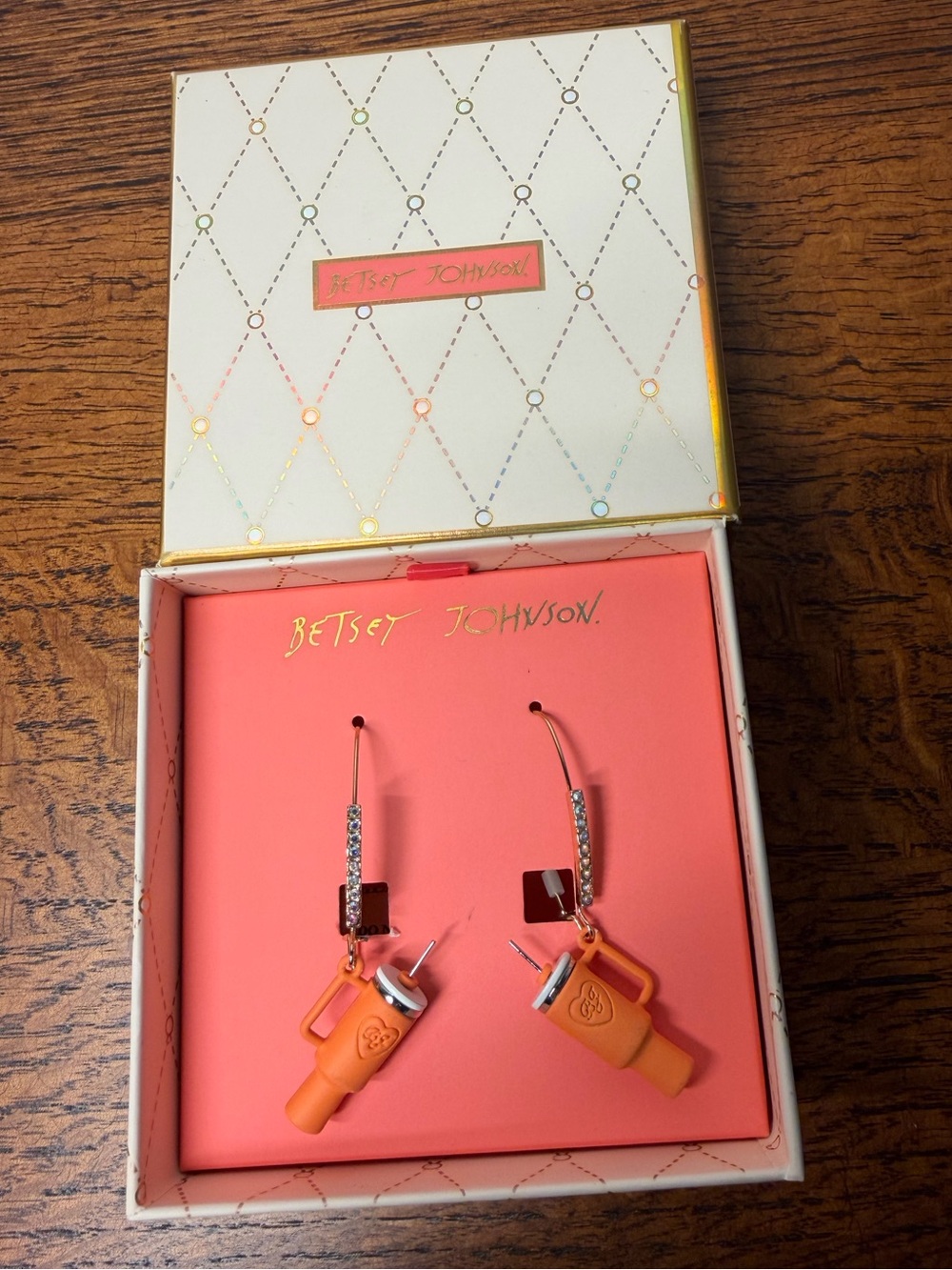 NWT Betsey Johnson Orange Tumbler Cup Dangle Earrings